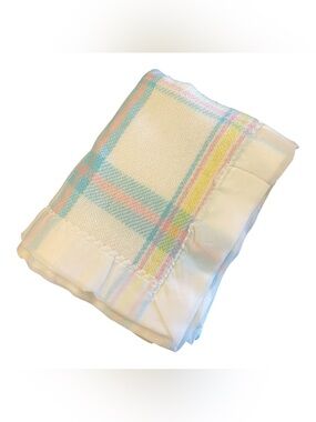 Vtg Baby Blanket Pastel Plaid Acrylic Soft Satin Trim Made In USA